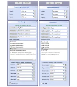Paneli Parametri primitivnih tela (Primitive parameters) i Pridruživanje (Attachment)